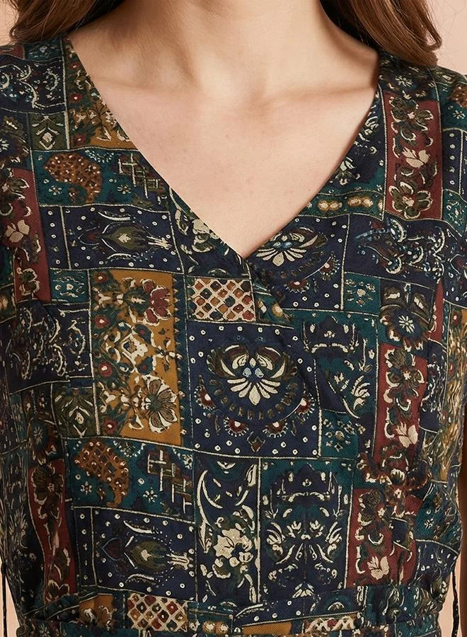 globus Multi Ethnic Print Belted Fusion Wide Leg Jumpsuit